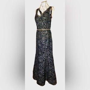 JS Collections Mermaid Black Dress, V-Neck & Shimmery Silver Florals, Large (12)
